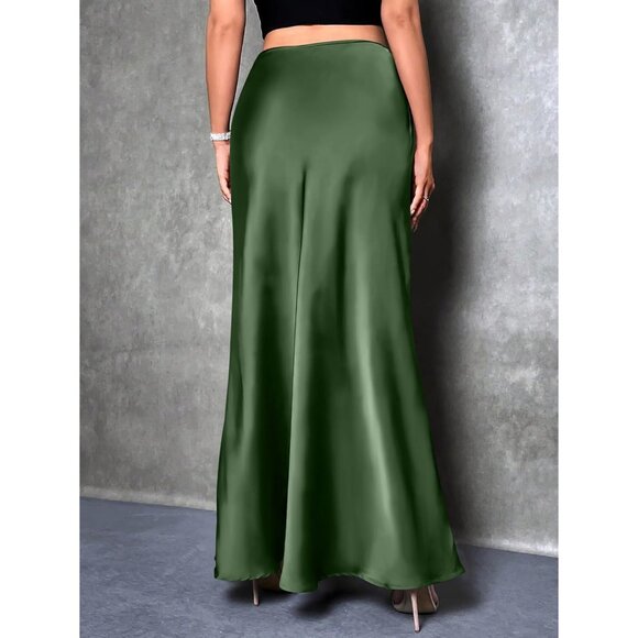 Elegant Satin Maxi Skirt for Women High Waisted Army Green Silk Dressy Casul - Picture 6 of 7